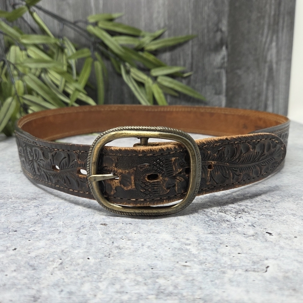 Vintage Textan Tooled Genuine Cowhide Leather Dark Brown Belt